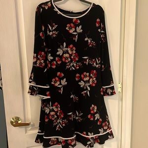 Stretchy Black Flowered Dress with Bell Sleeves